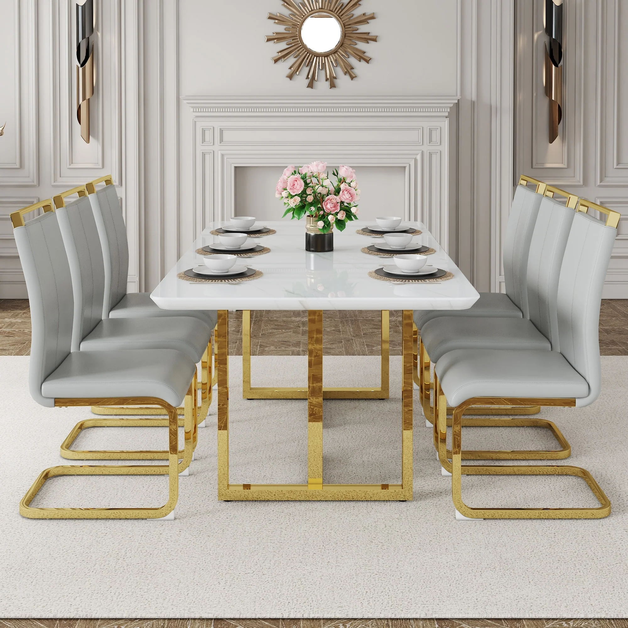 Modern Style Dining Set with Rectangular High Back Table and PU Gold C-tube Dining Chairs