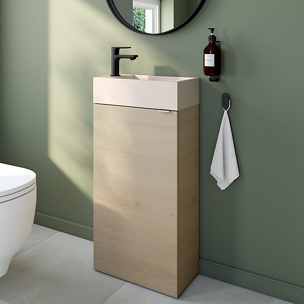 Meuble lave-mains effet chêne l.44 cm Imandra   plan vasque béton moucheté, GoodHome