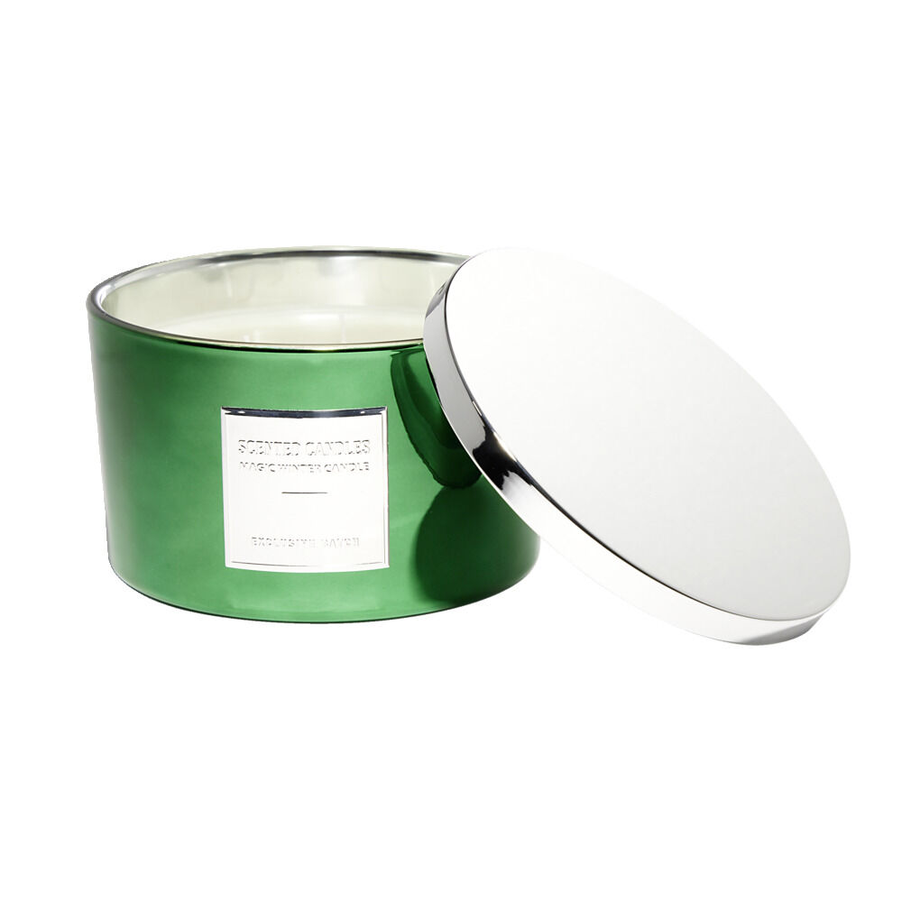 Bougie avec couvercle pot métallisé gris et vert senteur sapin 30H