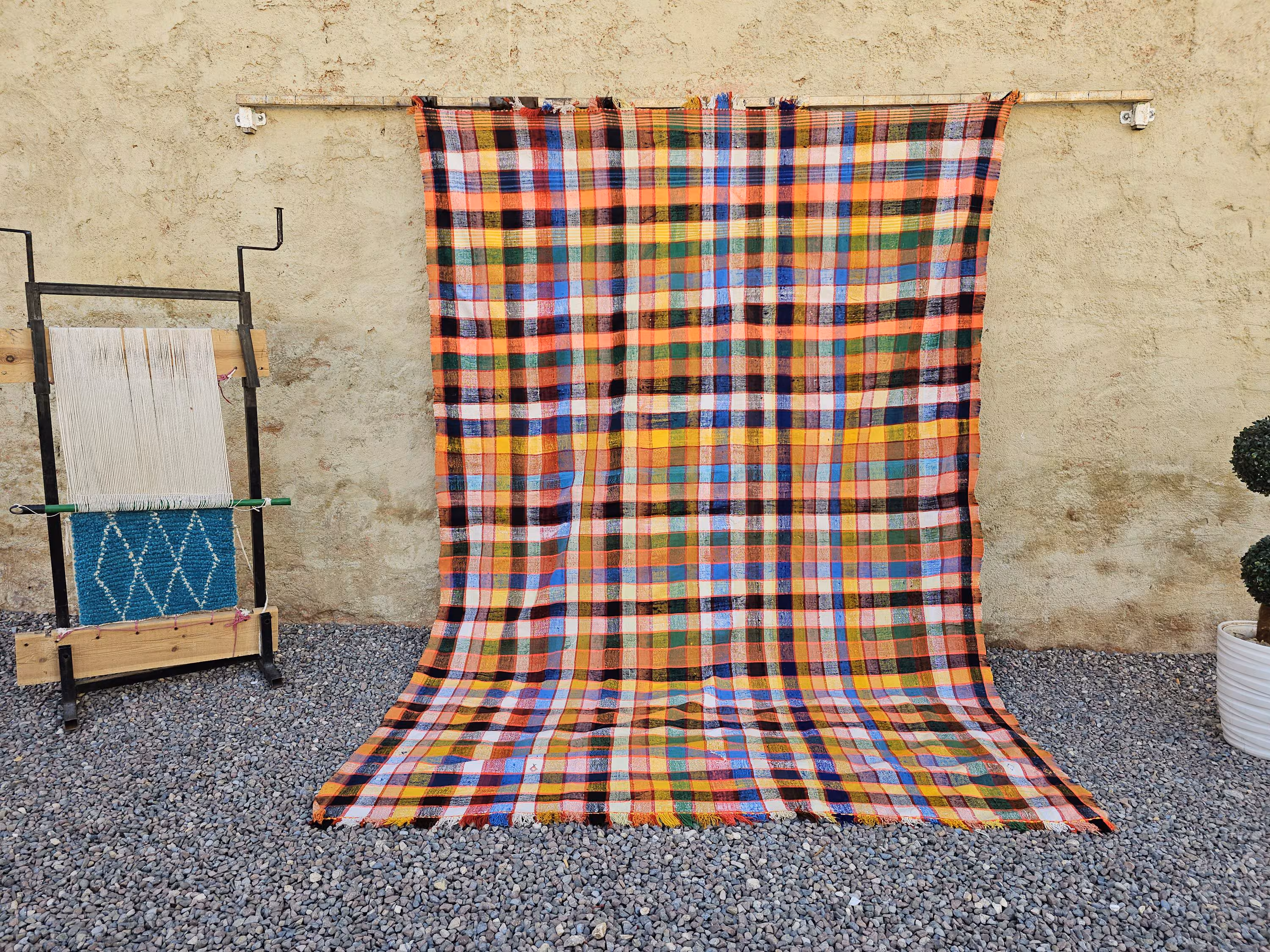 Colorful Plaid Blanket, 186x260 Checkered Throw, Bright Multicolored Tapestry, Boho Cotton Bedspread, Large Floor Rug, Unique Home Decor