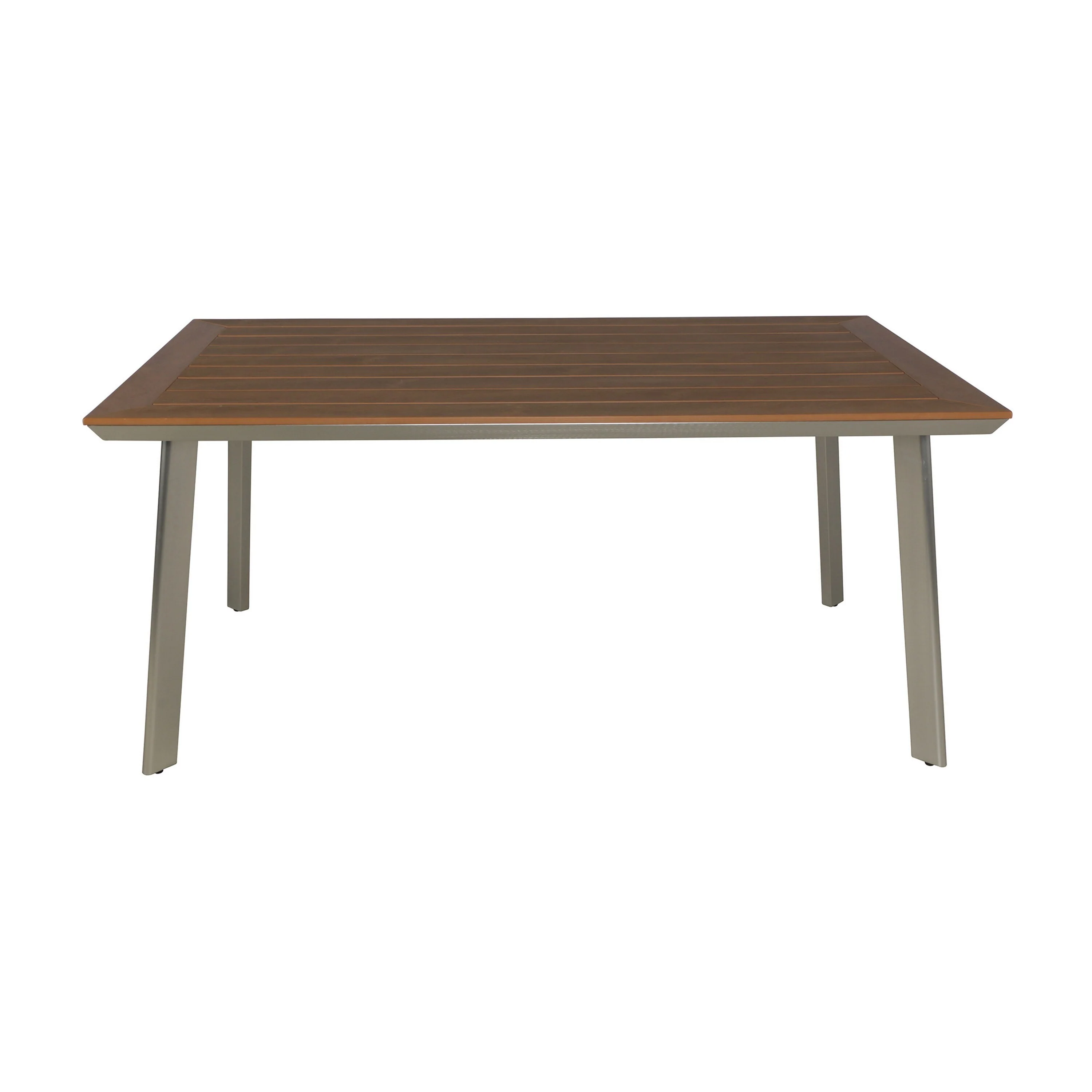 Outdoor Dining Table, 63 Inch Brown Eucalyptus Wood Top, Silver Metal Legs