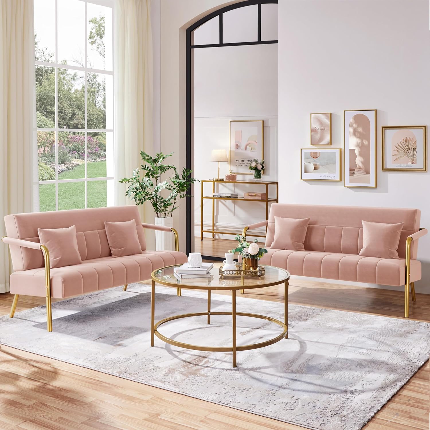 Yaheetech 56.5 W Modern Sofa Small Sofa Luxurious Velvet Fabric Couch with Gold-Tone Metal Arms and Legs for Living Room, Home Office, Studio Pink