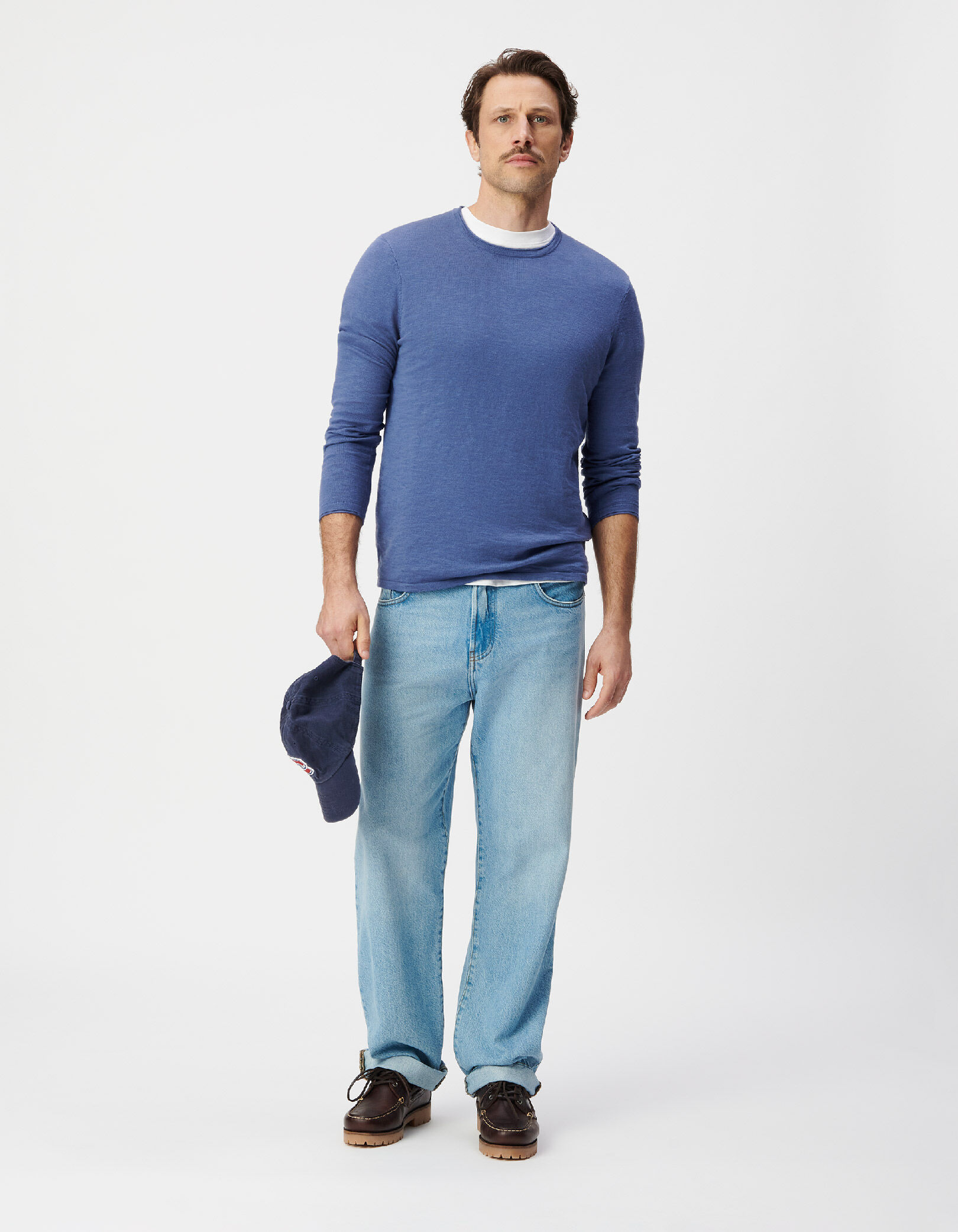 Pull bleu coton bio tricot fin flammé Homme
