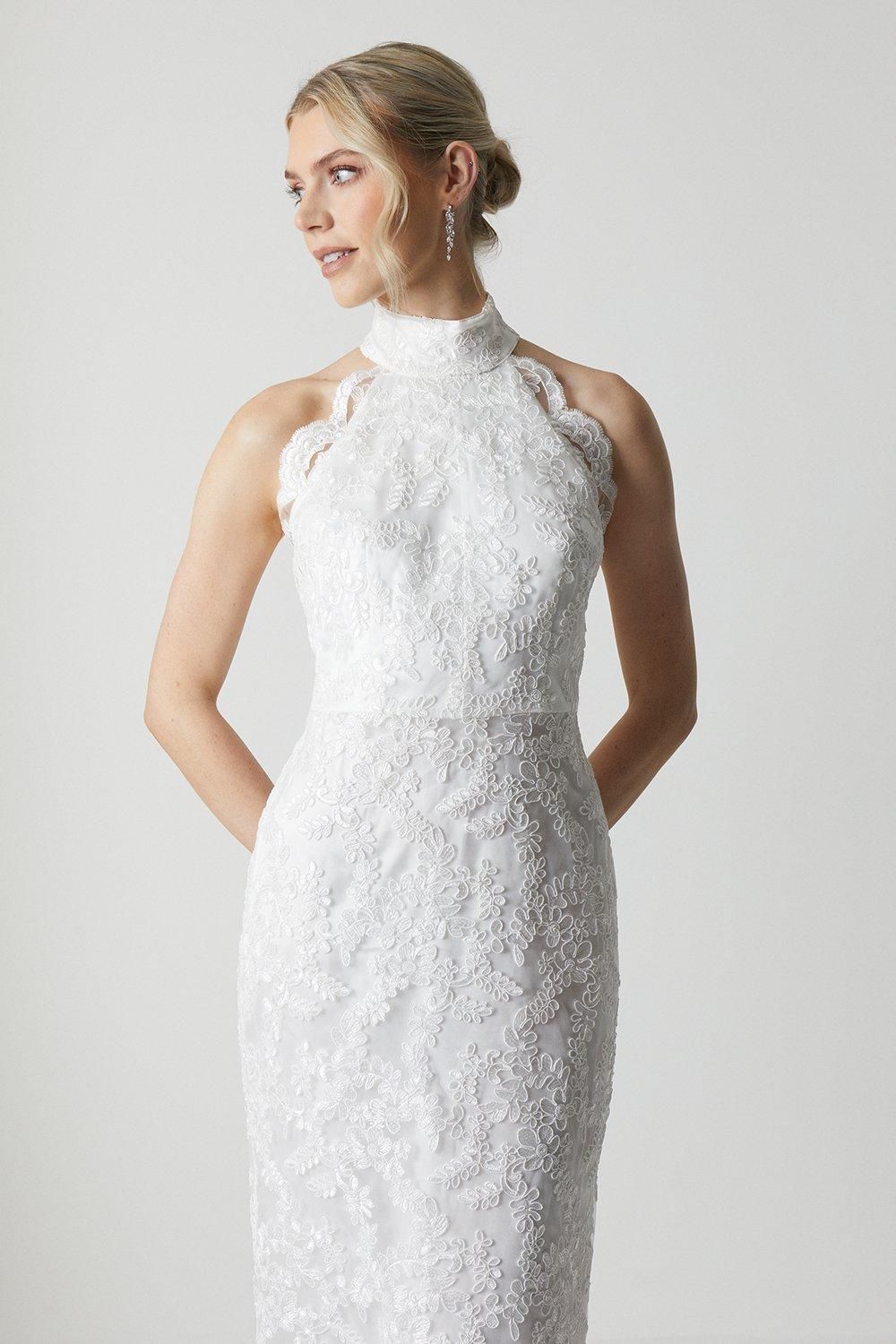 Coast High Neck Embroidered Mesh Wedding Dress With Train