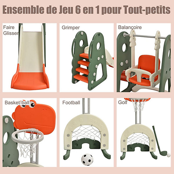 6 en 1 Ensemble Toboggan et Balançoire avec Panier de Basket Réglable&Football&Golf pour 3-8 Ans Aire de Jeu Intérieur&Extérieur