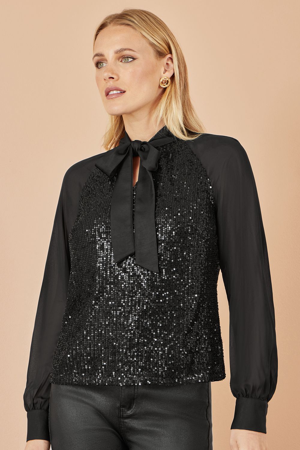 Yumi Black Sequin Pussy Bow Top