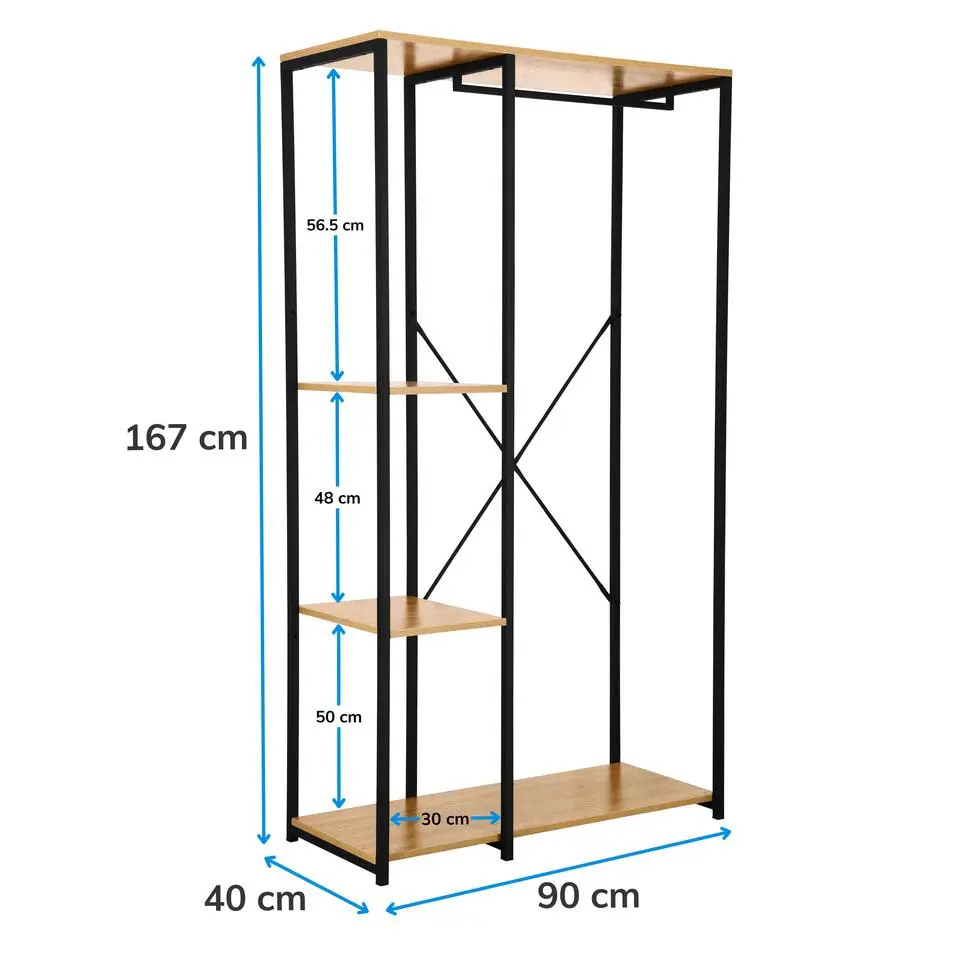 Kledingkast - Open Kast - 176x90x40 cm - MDF lichte Eik & Metaal