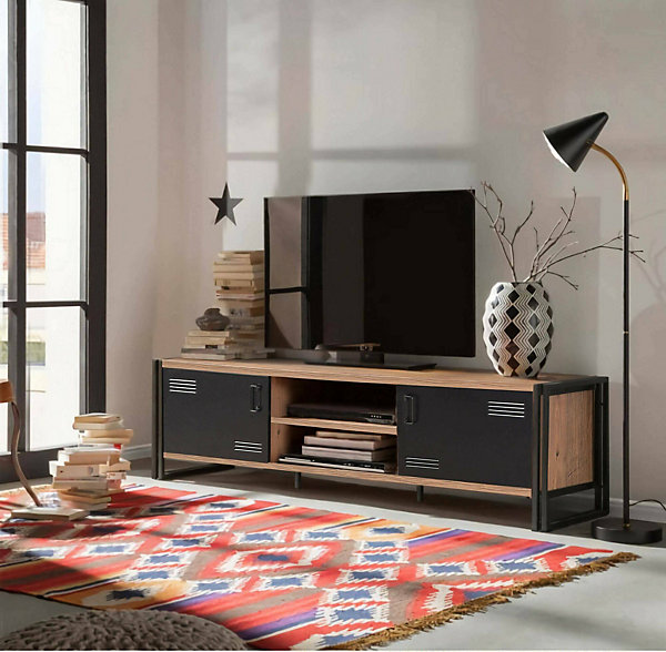 Meuble TV Polaris, Buffet de salon, Armoire basse pour TV, Base murale de rangement, 180x45h50 cm, Chêne et Noir