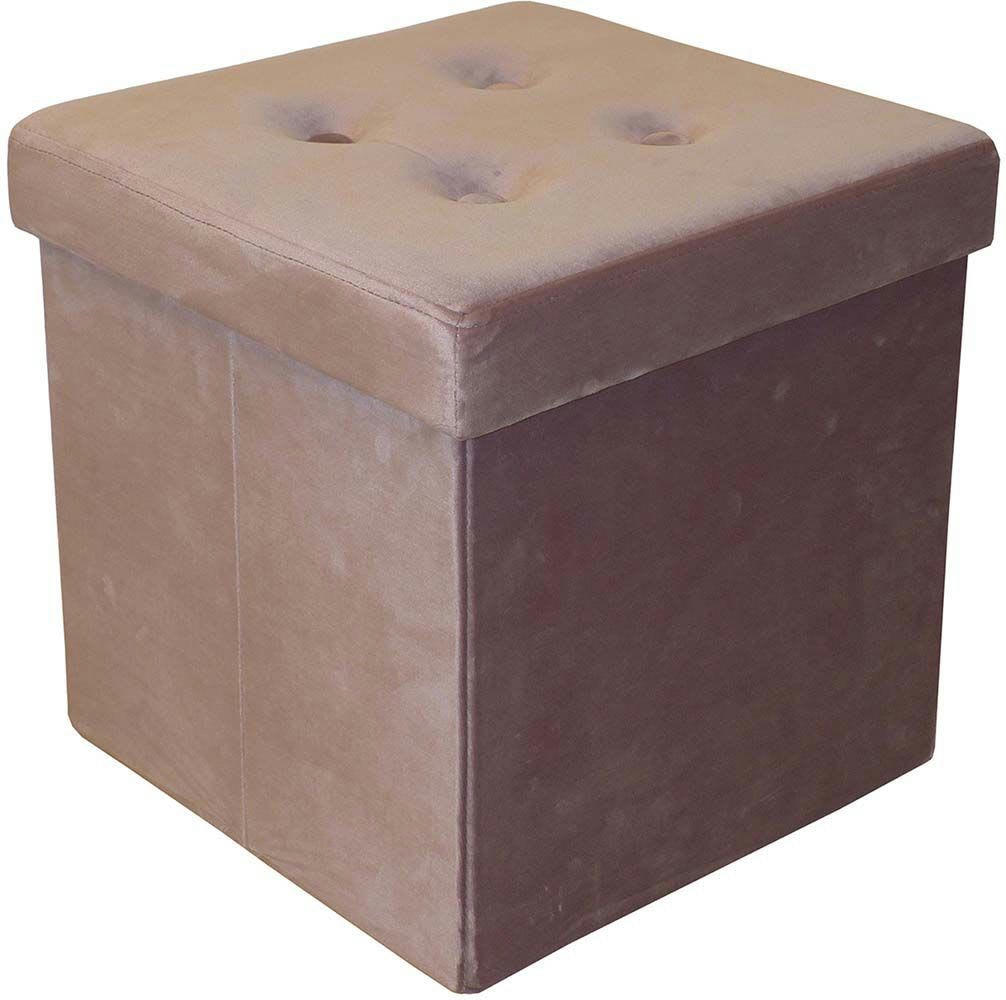 - Pouf coffre carré en velours synthétique capitonné vieux rose