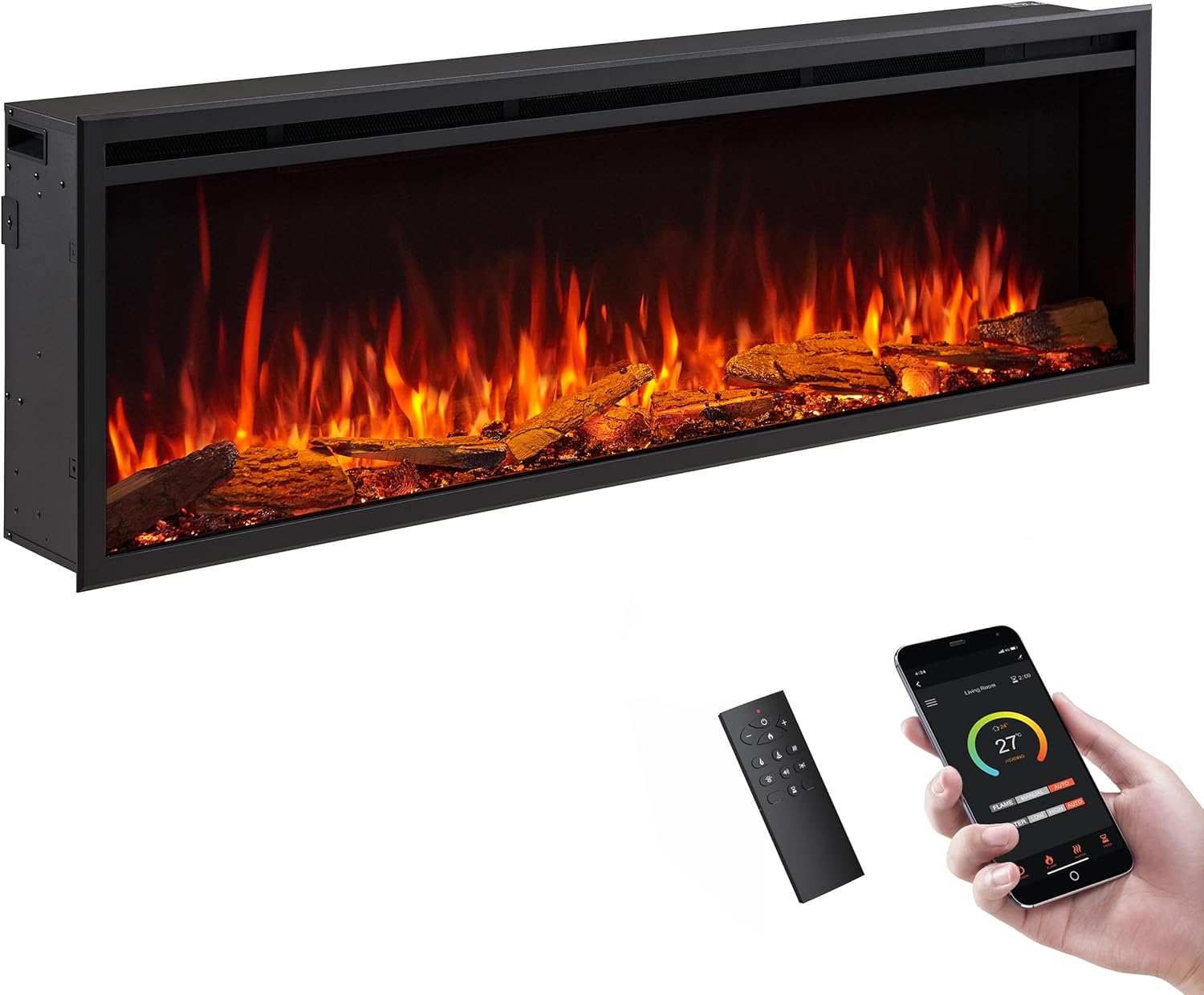 LegendFlame 60 W Smart Wall Mount & in Wall Recessed Electric Fireplace Insert, Heater 750W/1500W, Multi Colors of Flame & Fuel Bed, Alexa/Google Assistant Enabled