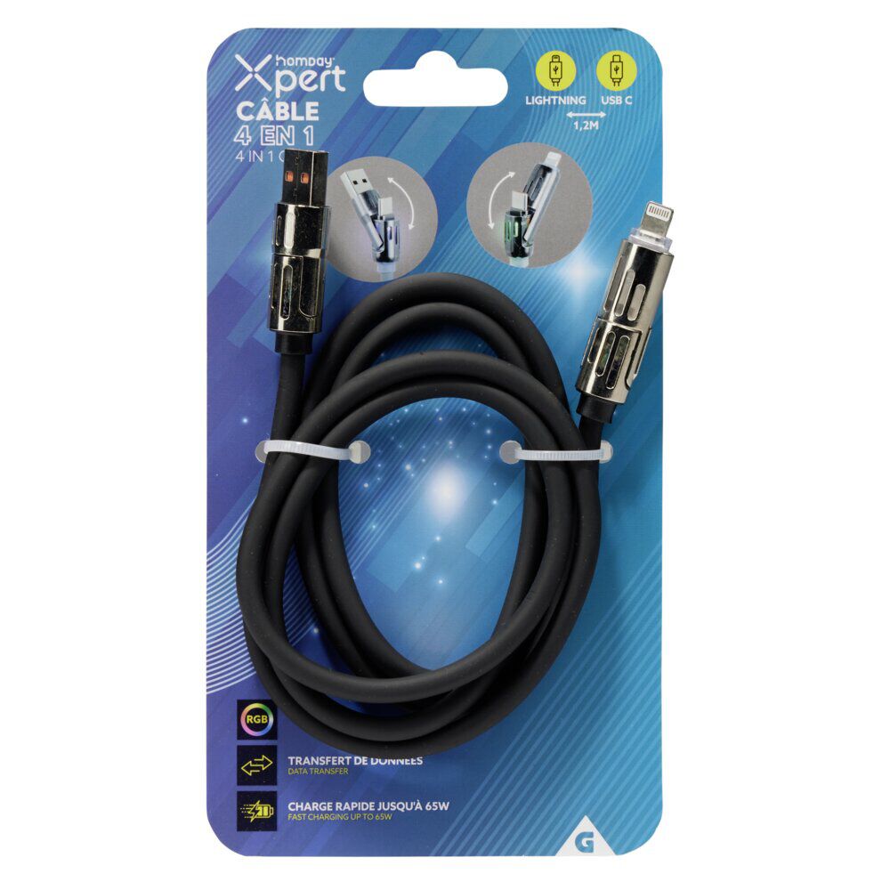 Câble lumineux lightning USB USBC 4en1 RGB 1,2m (4 modèles)