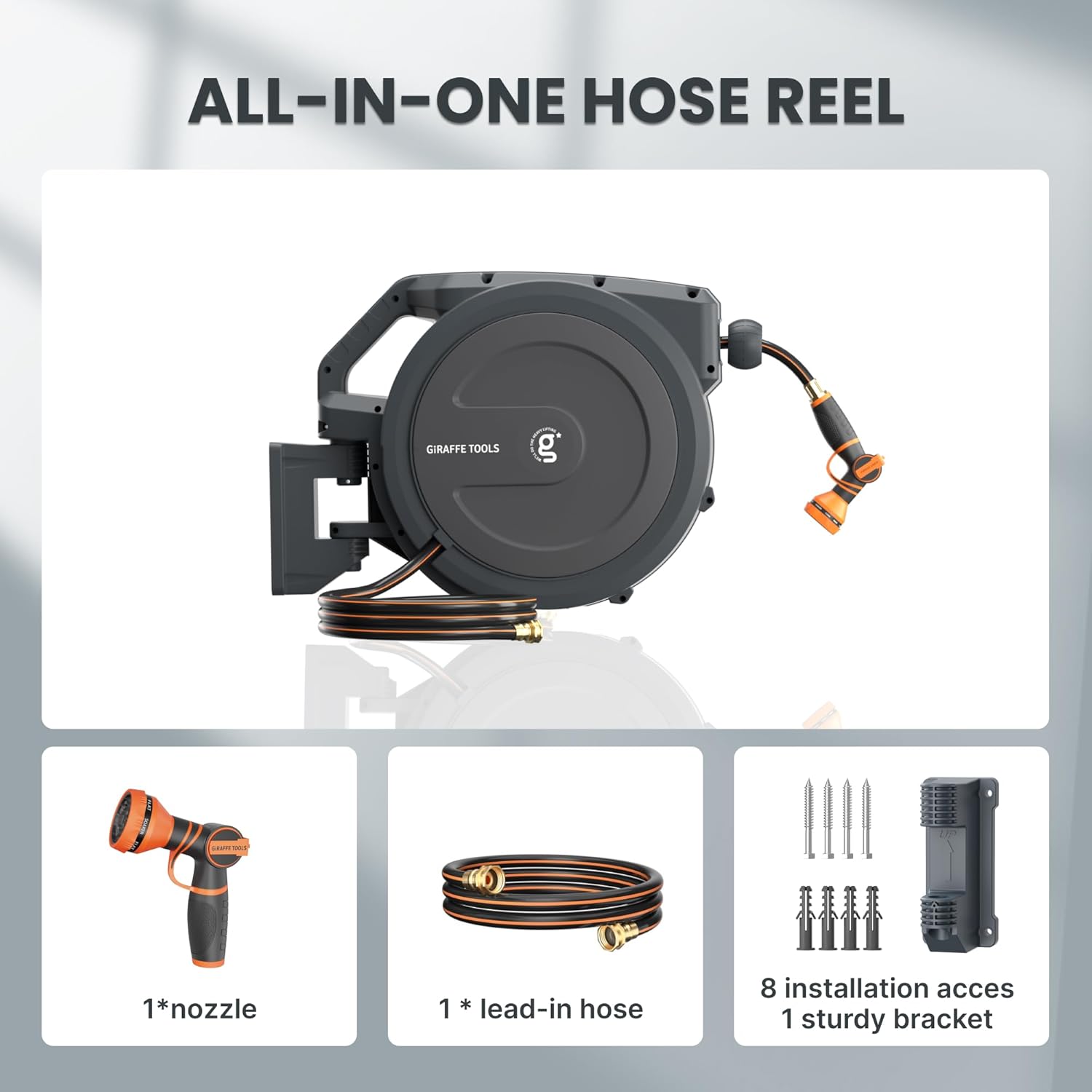 Giraffe Tools AW30 Garden Hose Reel Retractable 1/2 x 100 ft Wall Mounted Water Hose Reel Automatic Rewind, Any Length Lock, 100 ft, Dark Grey