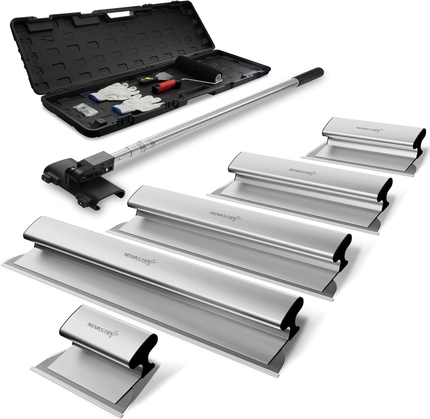Professional Drywall Skimming Blade Kit (12, 16, 24, 32 & 40), Stainless Steel Wall Finishing Tools with Extension Pole, Roller & Putty Knife, Lightweight Set with Carrying Case
