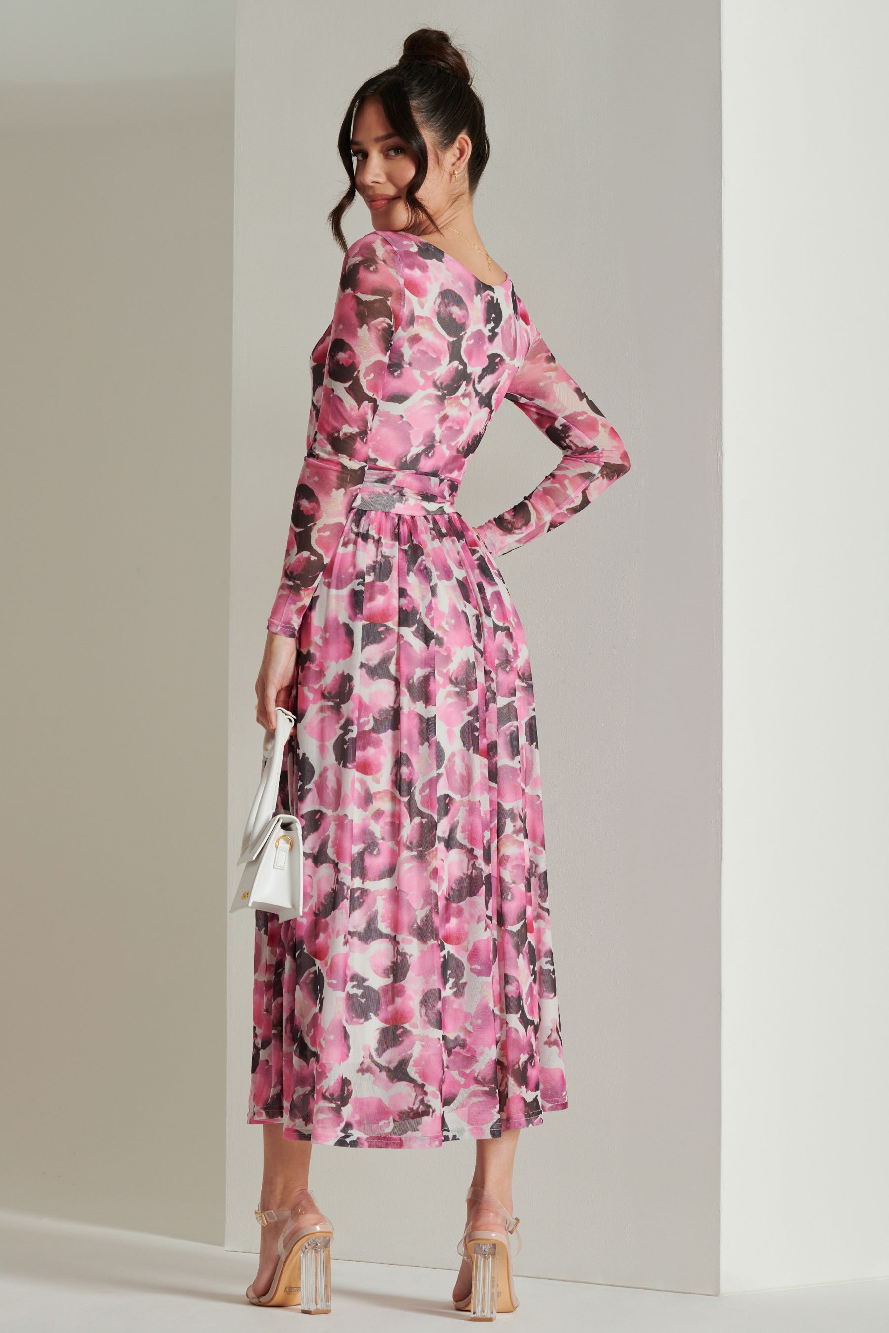 Jolie Moi Abstract Print Mesh Long Sleeve Maxi Dre