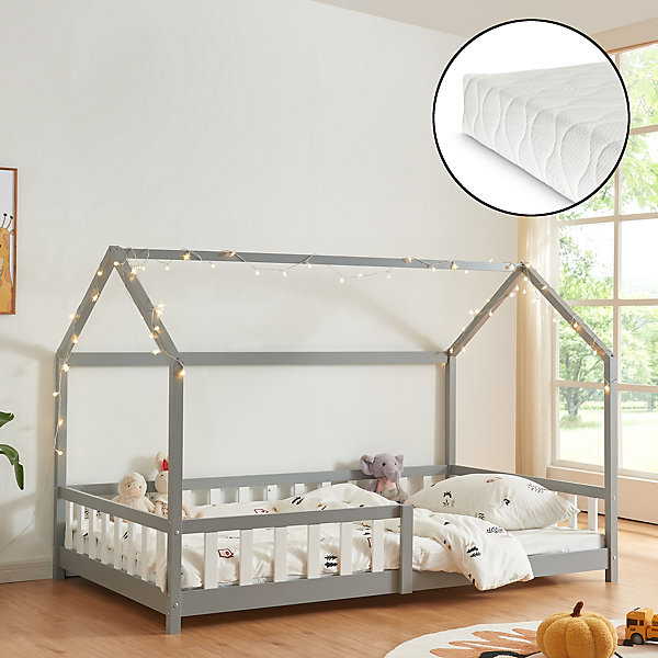 Lit cabane Hesel avec matelas à mousse froid 120 x 200 cm gris en.casa