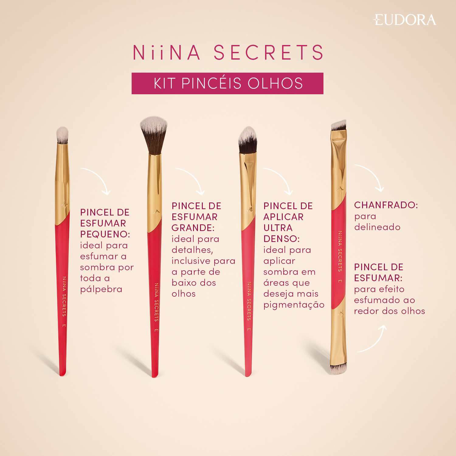 Kit Pincéis para Olhos Secret Pink Niina Secrets