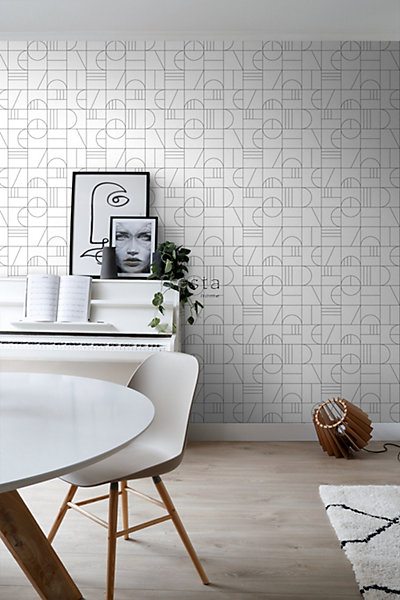 ESTAhome papier peint art déco blanc et noir 53 cm x 10.05 m