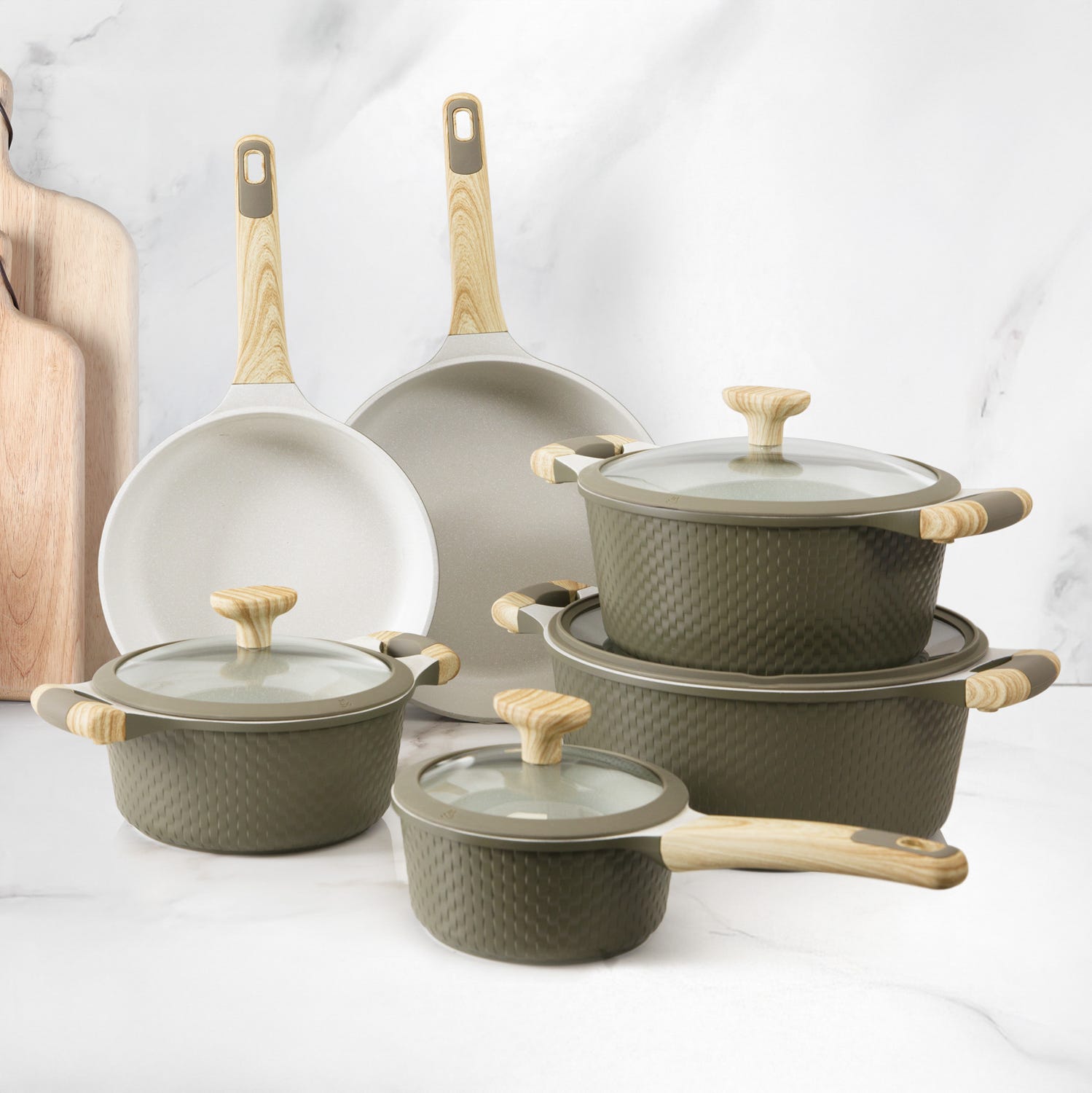Batteria pentole 10 pezzi Bambù verde e crema