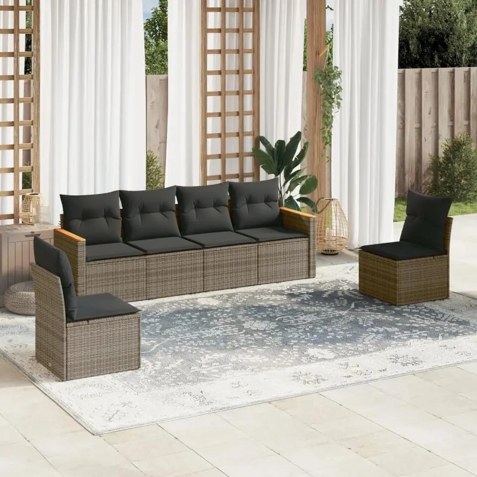 vidaXL Loungeset voor 6 met kussens - Grijs - Poly rattan