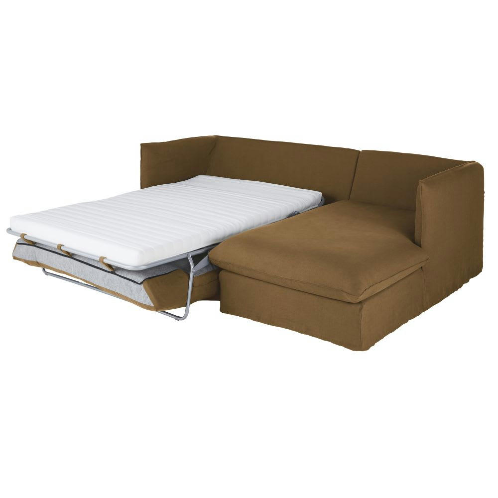 Louvain - Canapé d'angle droit convertible 3/4 places en lin froissé marron havane, matelas 10 cm