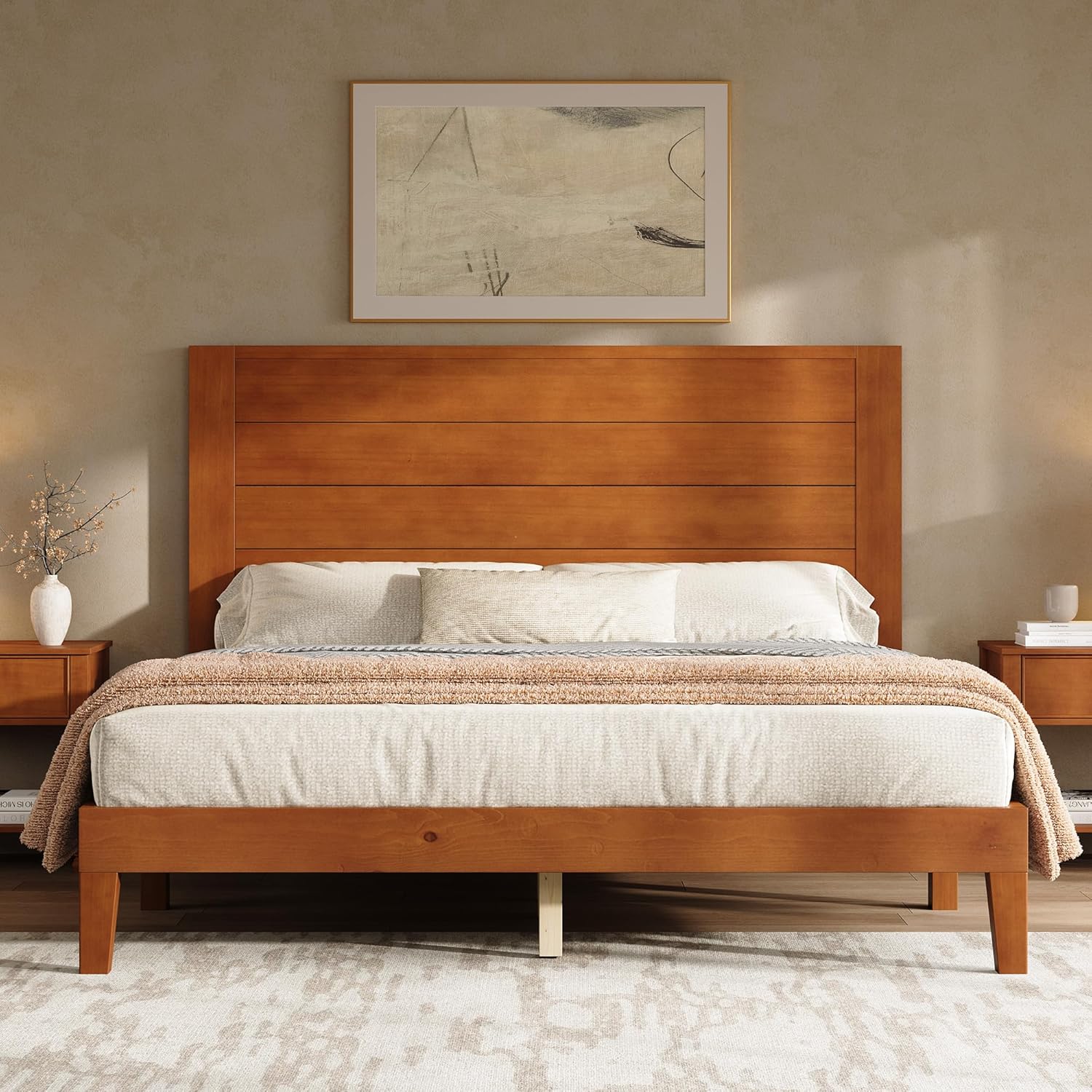 AMERLIFE Queen Sizes Solid Wood Bed Frame with 48 Headboard, Mid Century Modern Platform Bed with Silent Wood Slat System, No Box Spring Needed, Under-Bed Storage, Brown
