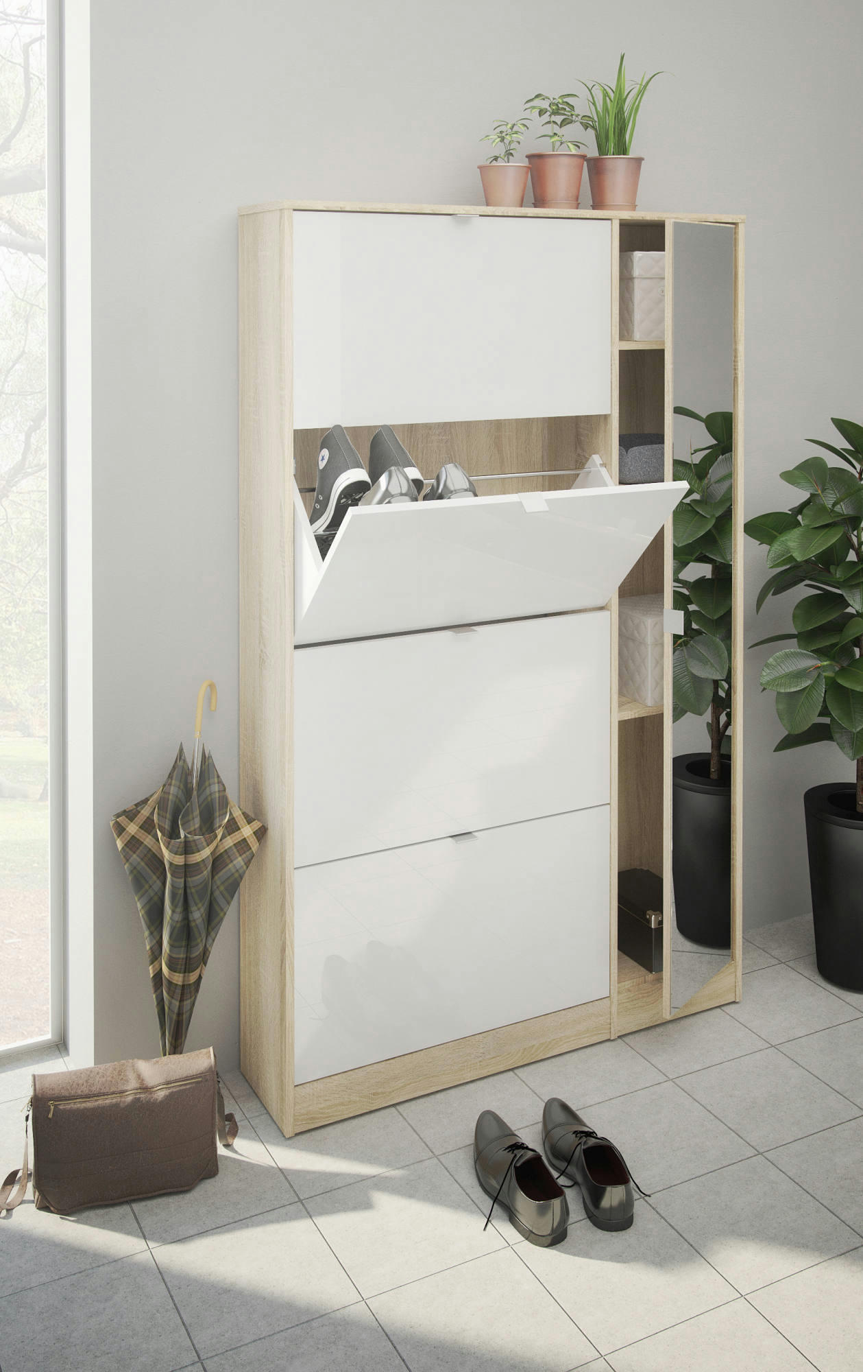 - Meuble à chaussures avec 4 portes effet bois chêne