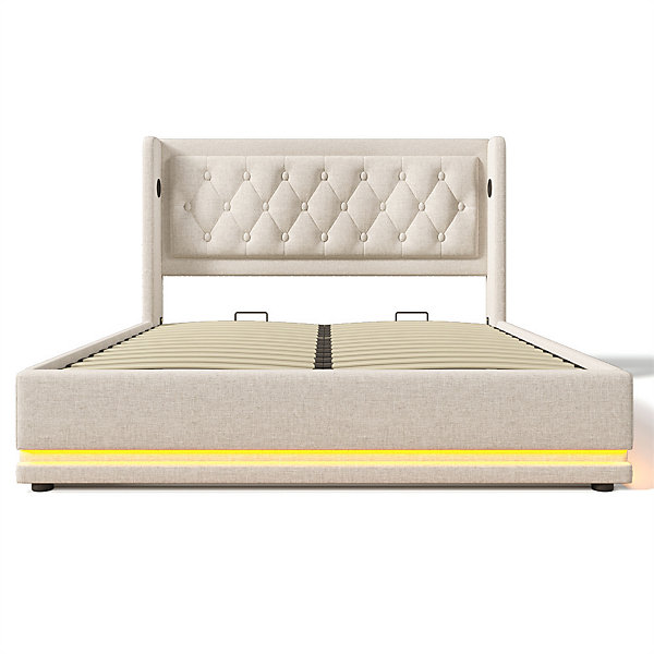 Lit adulte lit 180x200 cm lit rembourré hydraulique lit de rangement lit double coton beige
