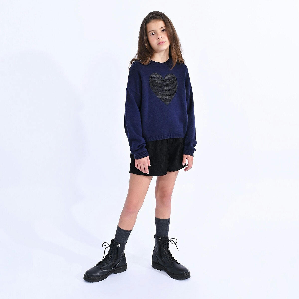 Pull col rond, motif cœur
