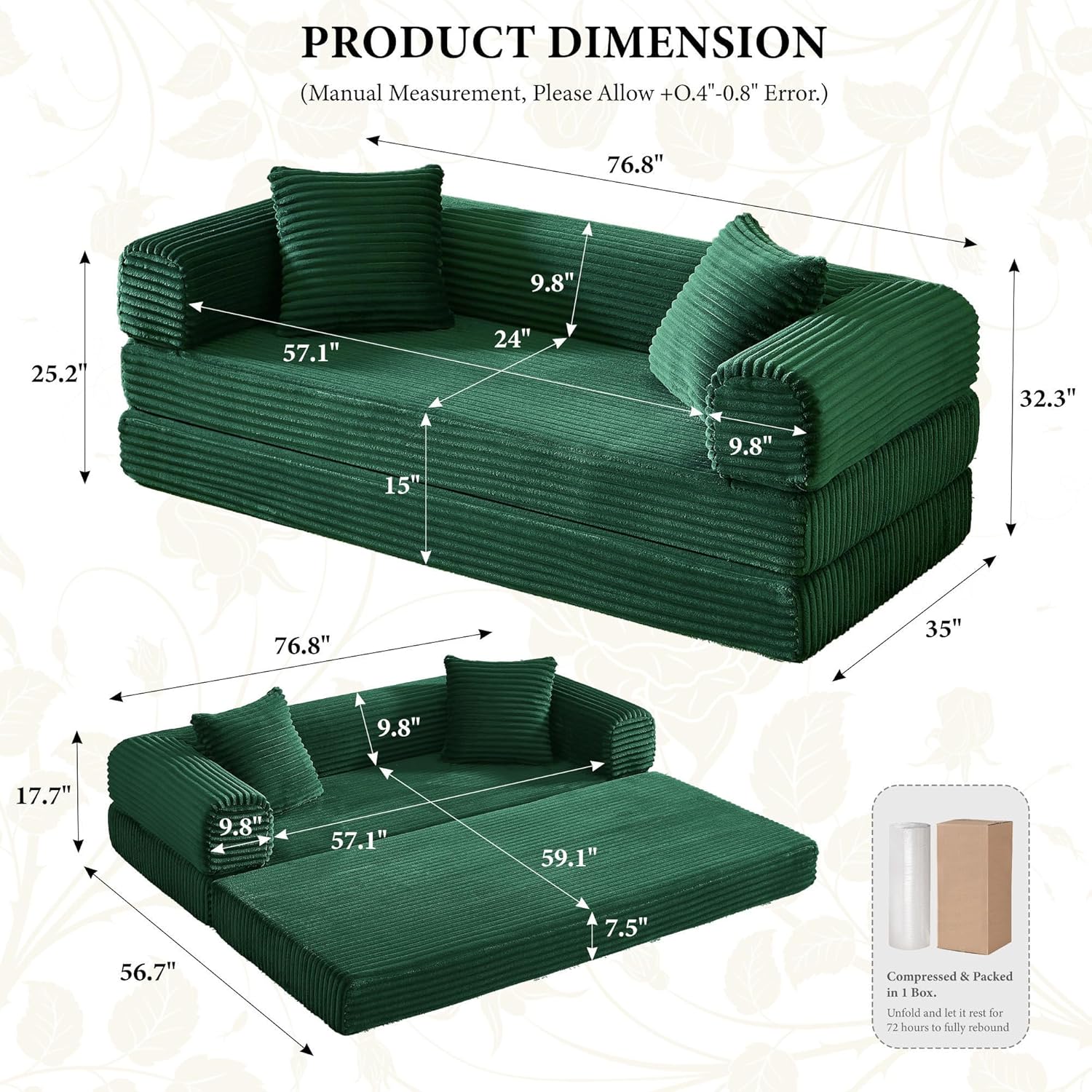Boneless Couch Versatile Couches for Living Room No-Install Sofa Bed Corduroy Futon Soft Cloud Couch with Pillows for Bedroom Game Movie (Green, 76)