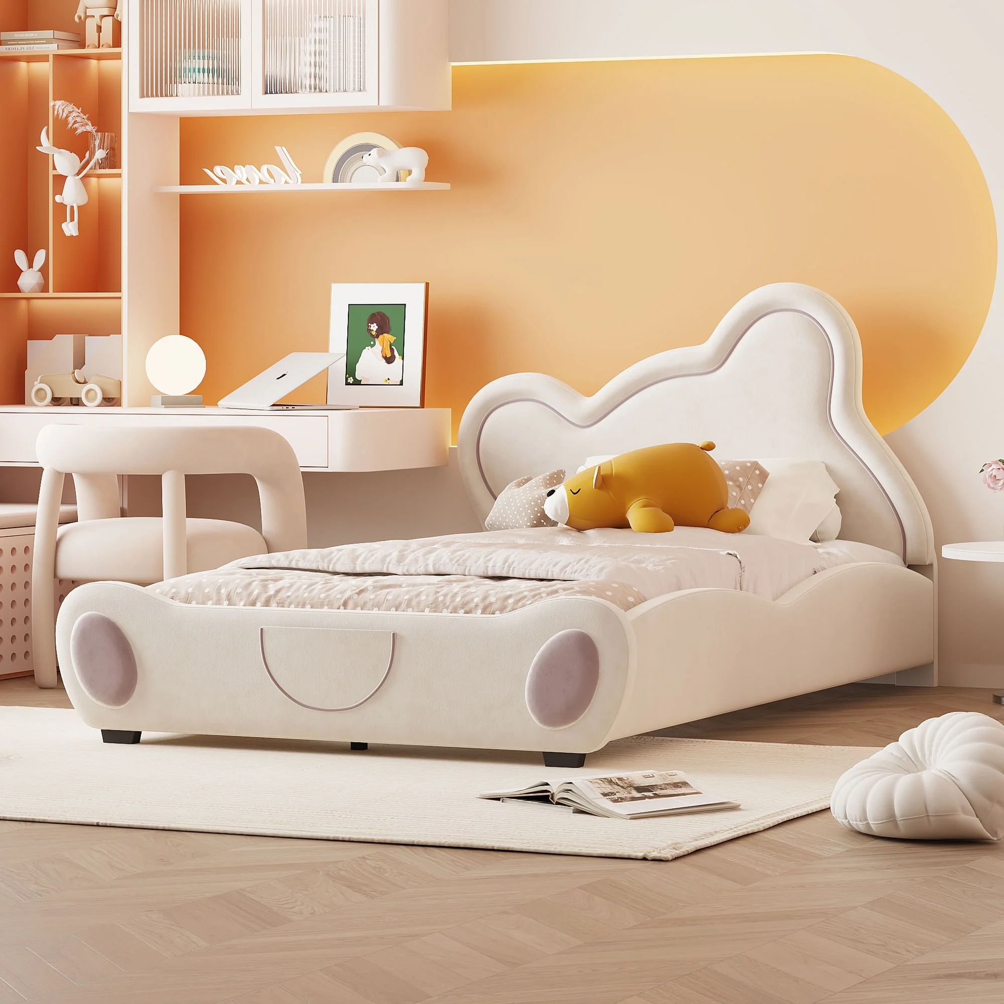 Adorable Bear-Shaped Twin Platform Bed with Storage Pockets, Kid-Friendly Design