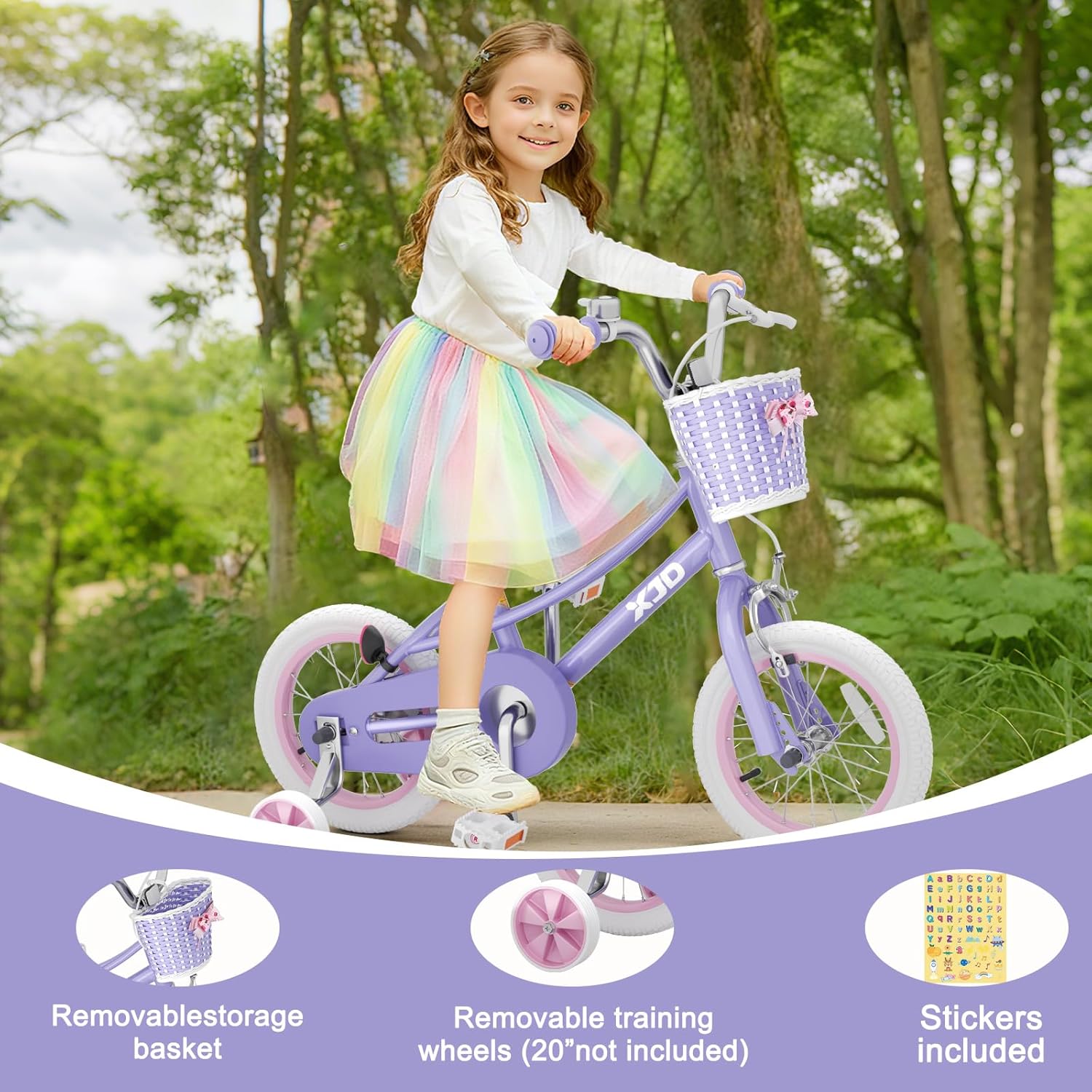 XJD Girls Bike for 3-12 Years Old Girls, 12 14 16 20 Inch Kids Bike with Training Wheels, Adjustable Seat Height, Coaster Brake, Streamers Basket