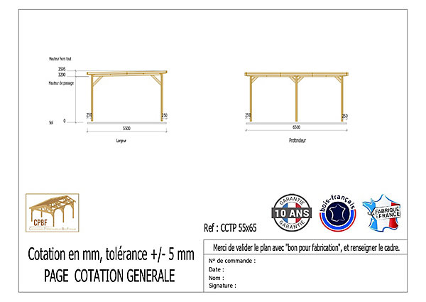 Carport toit plat 550cmx650cm bois DOUGLAS français (charpente - auvent - abri camping-car). 36 m². Garantie 10 ans.