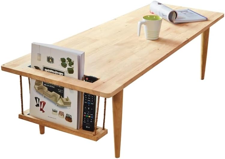 WoodShine Mid Century Modern Mini-Swing Wooden Coffee/Tea Table, Japanese Low Floor Desk, Real Solid Wood Cafe Table with Storage for Home Living Room,Office, Length of 47.25 inches,Natural