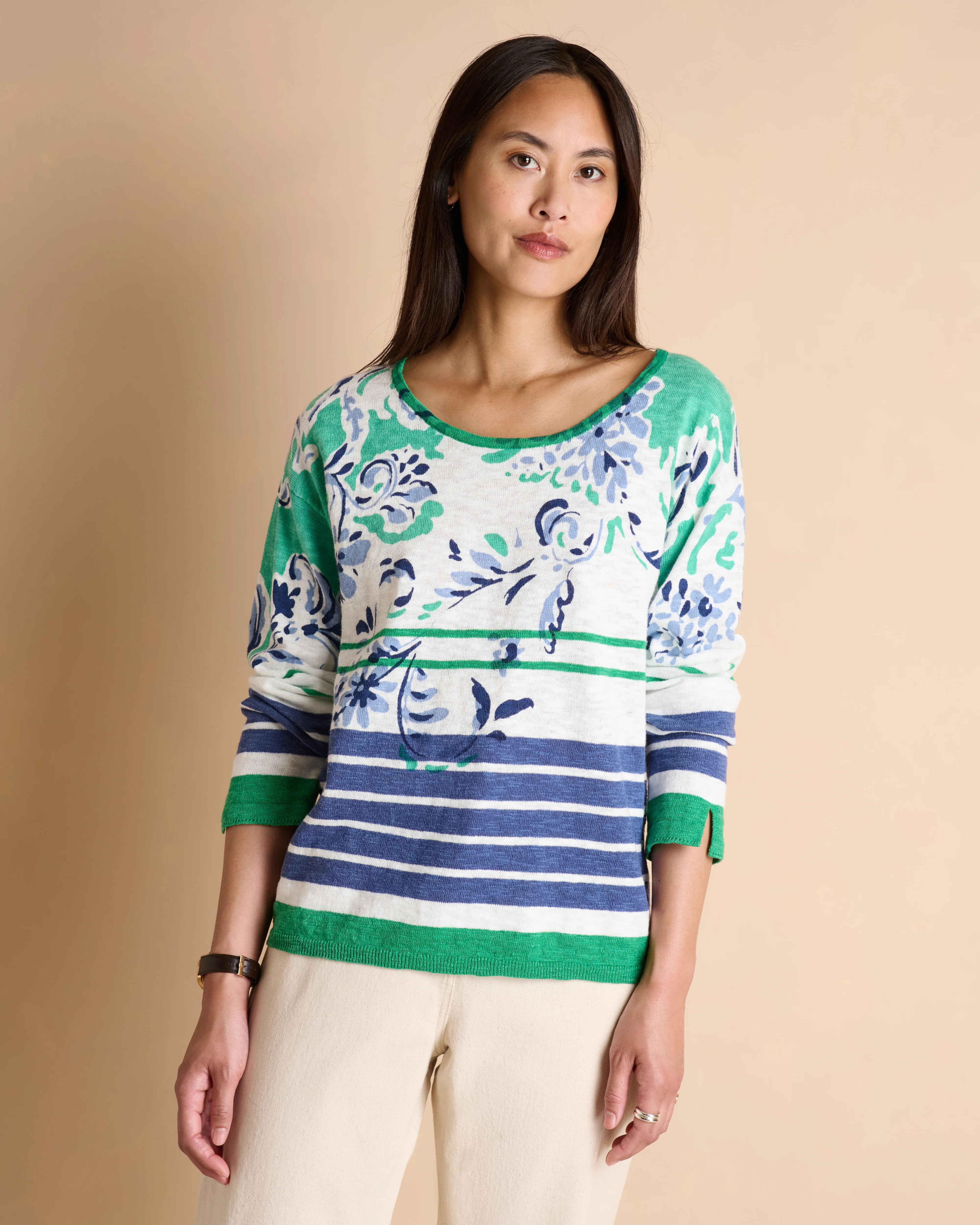 Pull bleu et vert rayé à motif fleuri ARAYNA/14085/781