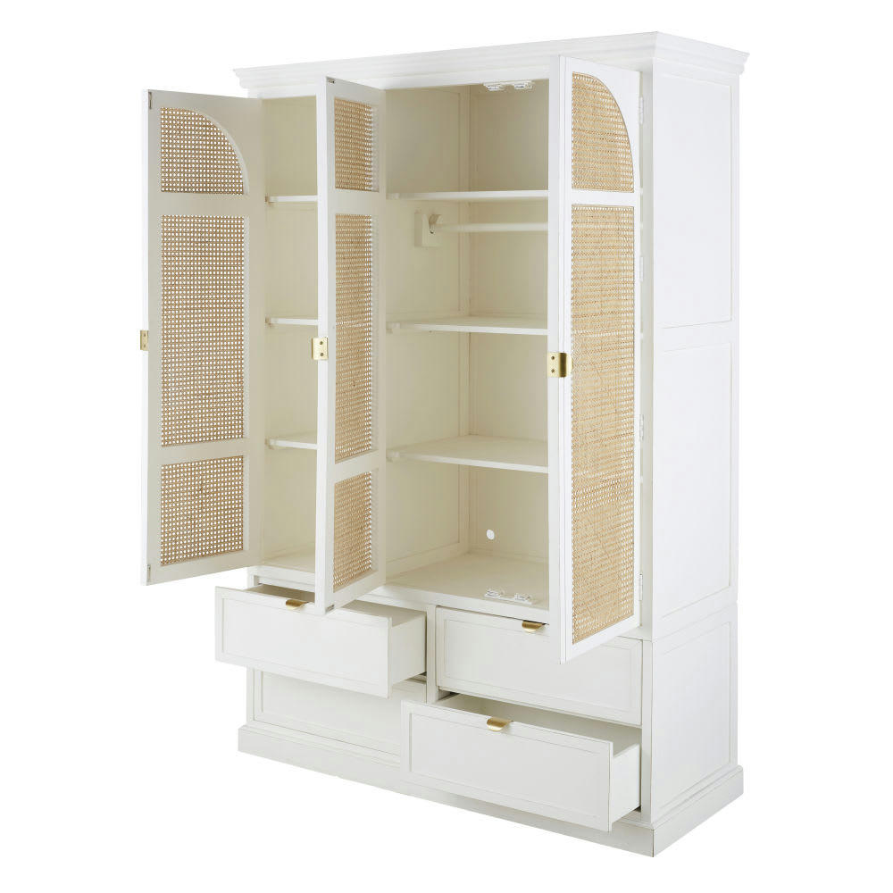 Sanary - Dressing 3 portes battantes 4 tiroirs blanc et cannage en rotin