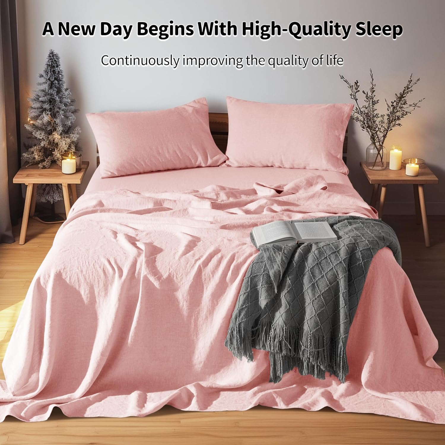 LBRO2M 100% Pure Linen Sheet Set Deep Pocket Up to 16 Bed Sheets Sets, Natural Flax Beddings Soft, Breathable, Comfortable for All Seasons 4 Pcs Sheet Set Queen Size, Blush Pink