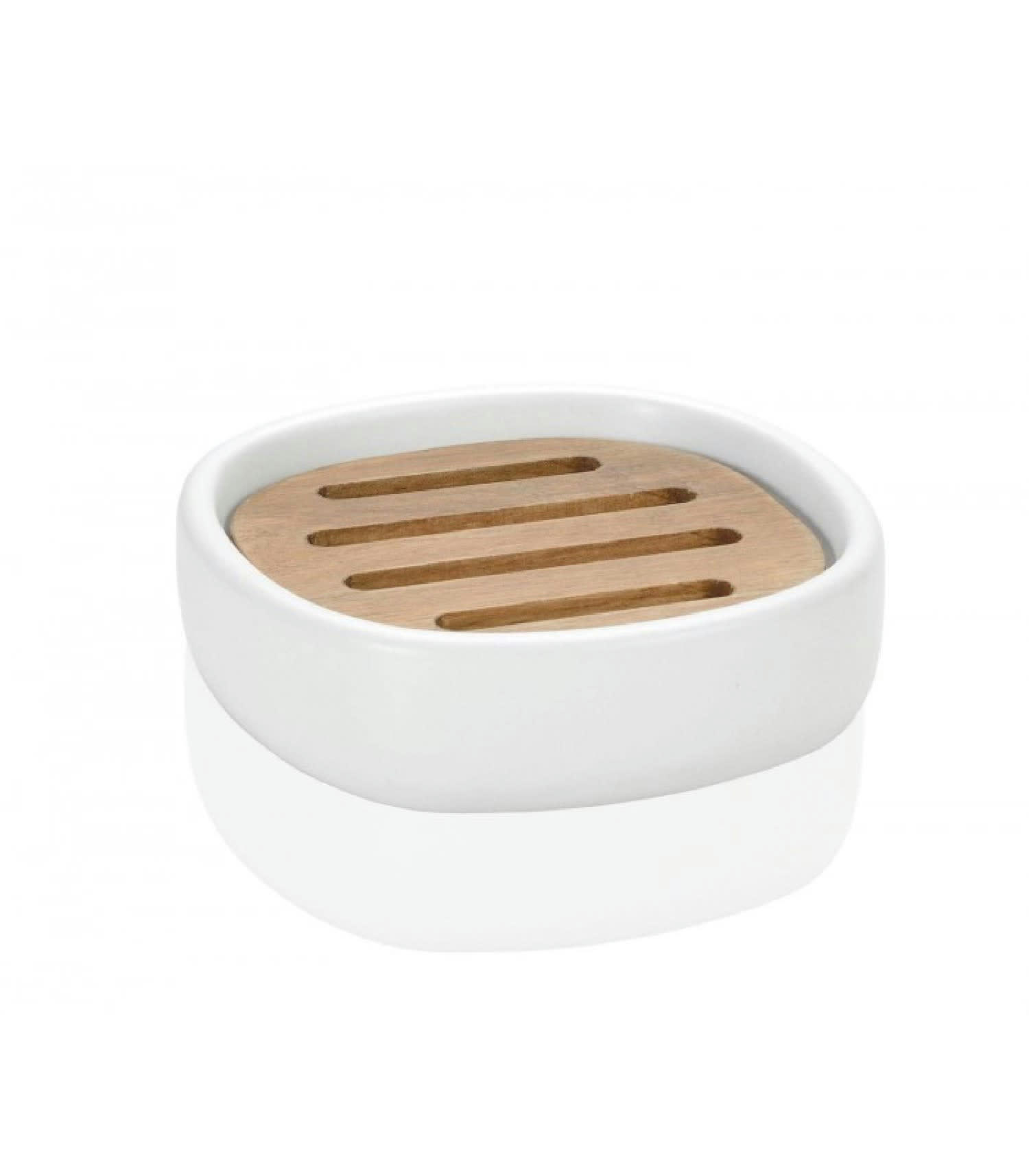 ACACIA - Porte savon en céramique blanche et acacia