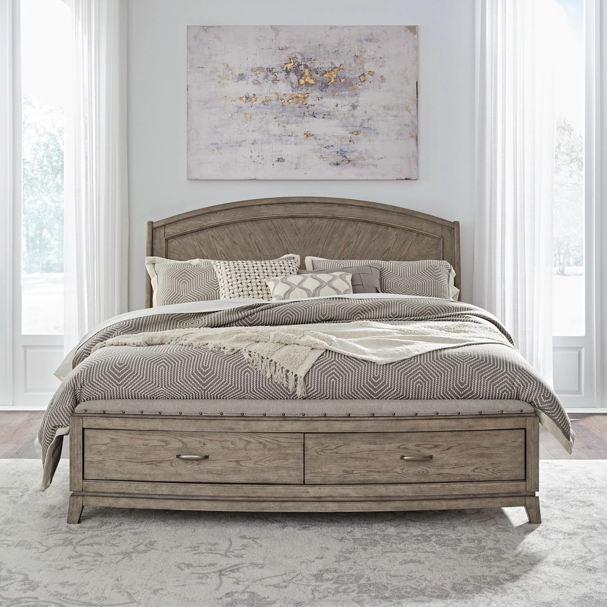 Avalon Burnished Beige Oak King Panel Storage Bed Bedroom Set