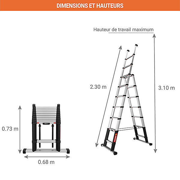 Escabeau télescopique - Hauteur max. de travail 3.10m - Porte-outils - TEL-72423/9202-101