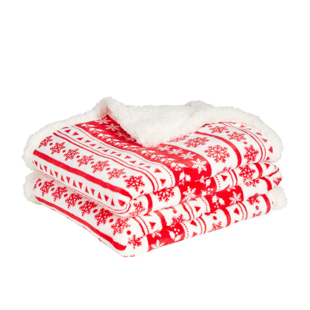 Plaid imprimé flocon No&euml;l rouge blanc dos sherpa 120x150cm