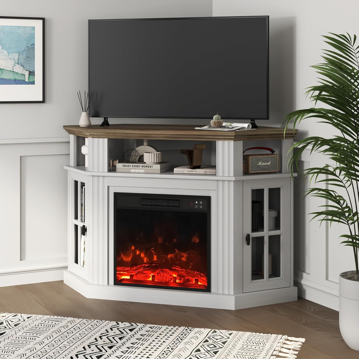 YESHOMY Corner Fireplace TV Stand for Television up to 55 with Storage Cabinets, Entertainment Center, Media Console for Living Room, Bedroom, White＆Rustic