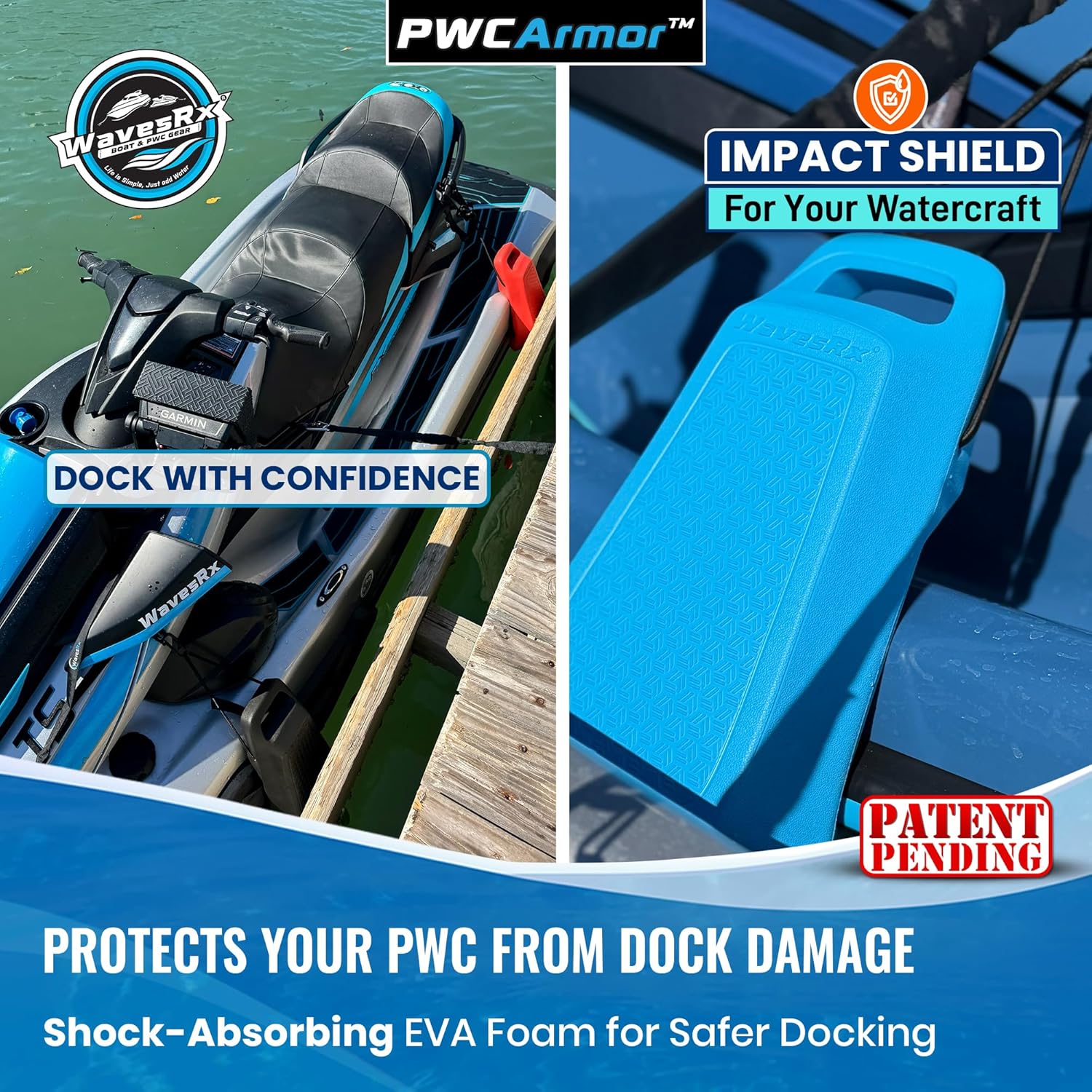 WavesRx PWCArmor Jet Ski Fenders (2 Pack), EVA Foam PWC Dock Bumpers for Docking, Interlocking Fender System with Soft Loop Cleats, Compact Storage for Sea-Doo, Yamaha WaveRunner & Kawasaki Jet Ski