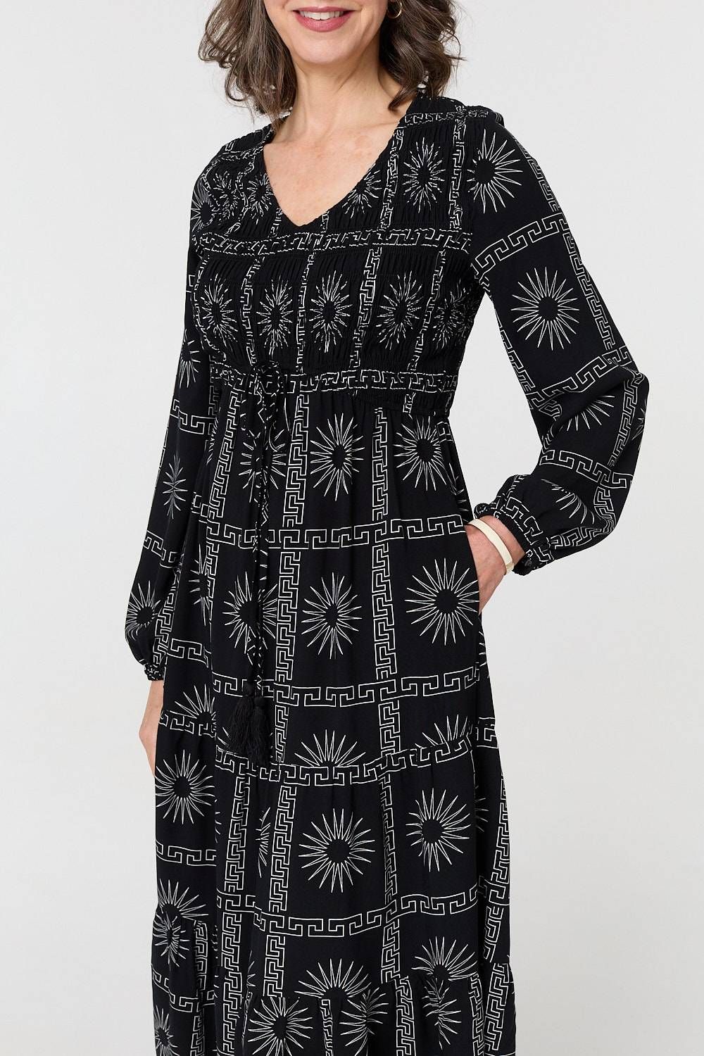 Izabel London Printed Long Sleeve Tie Waist Midi Dress
