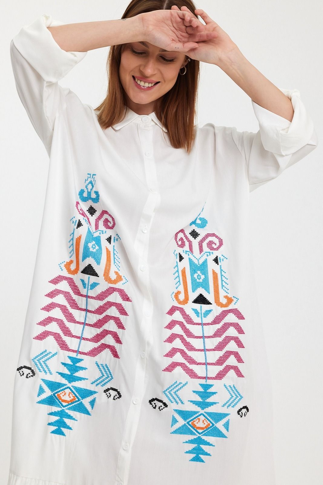 Belissh Embroidered Tiered Midi Dress with Button-Through Front in White