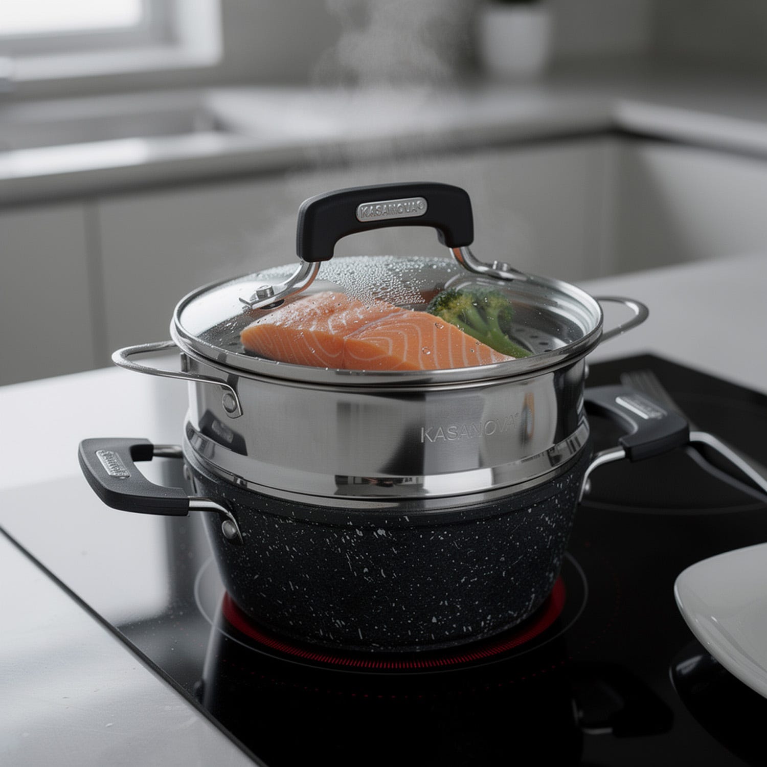 Casseruola 16 cm con vaporiera e coperchio New Petra Dark