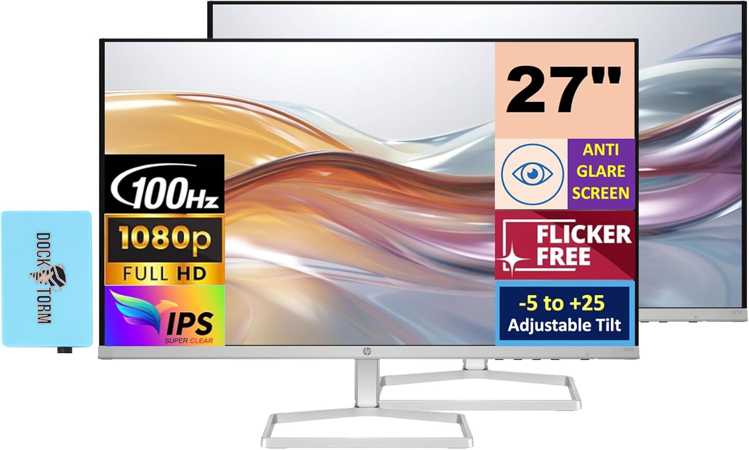 HP Series 5 527sf Monitor (Replaces Model M27h) 94F44AA#ABA w/Docztorm Dock  27 FHD IPS  2x HDMI  1x VGA  3-Sided Micro-Edge Bezel  Ideal for Home & Business  Black/Silver (2026 Latest Model  2 Pack)