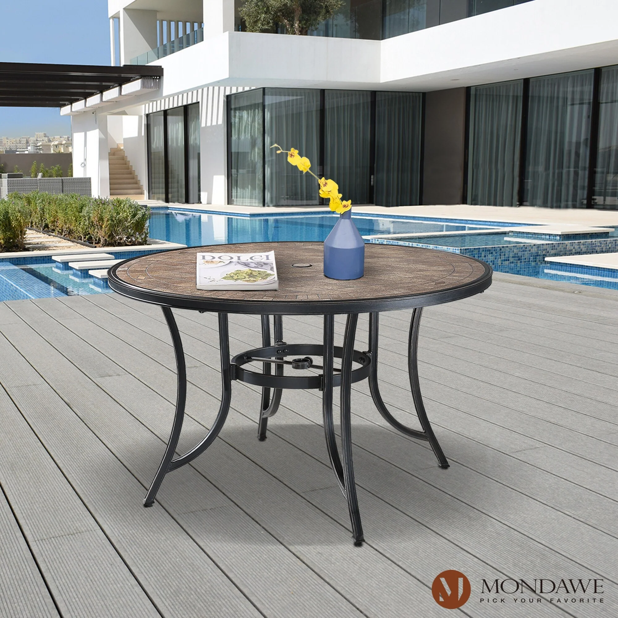Aluminum Patio Round Outdoor Dining Table Ceramic Tile Top Accent Table with Umbrella Hole