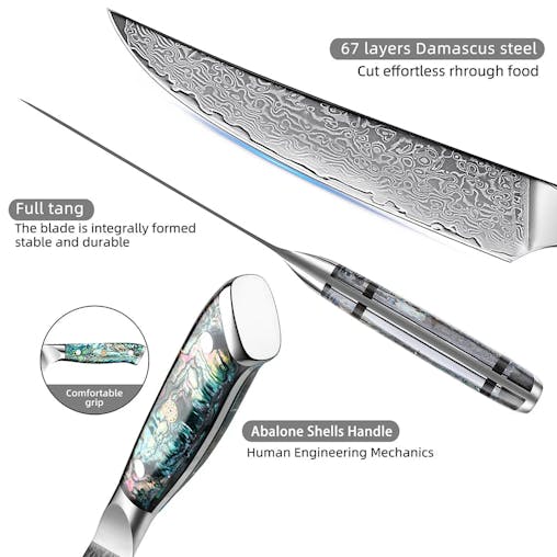 NNEOBA 6-Inch Damascus Utility Knife Abalone Shell Handle Blue