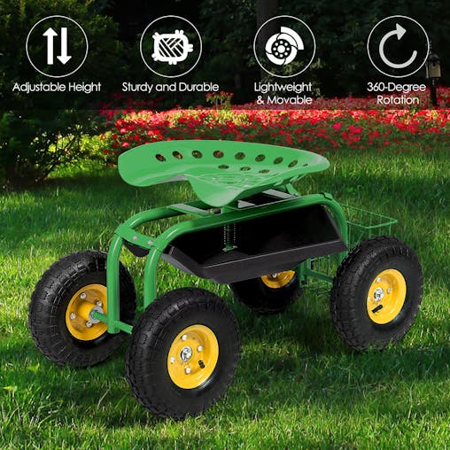 NNECW Rolling Garden Cart With Tool Tray Work Seat For Gardening-Green