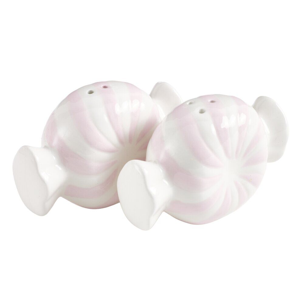 Salière et poivrière forme bonbon dolomite rose et blanc 10,5x5,5xH8cm